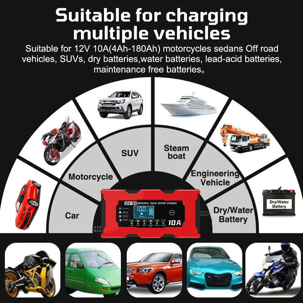 Automobile Battery Chargers 12V 10A Intelligent Pulse Repair Tool For Iron Lithium Lead Acid Batteries Storage Cell Car Chargers