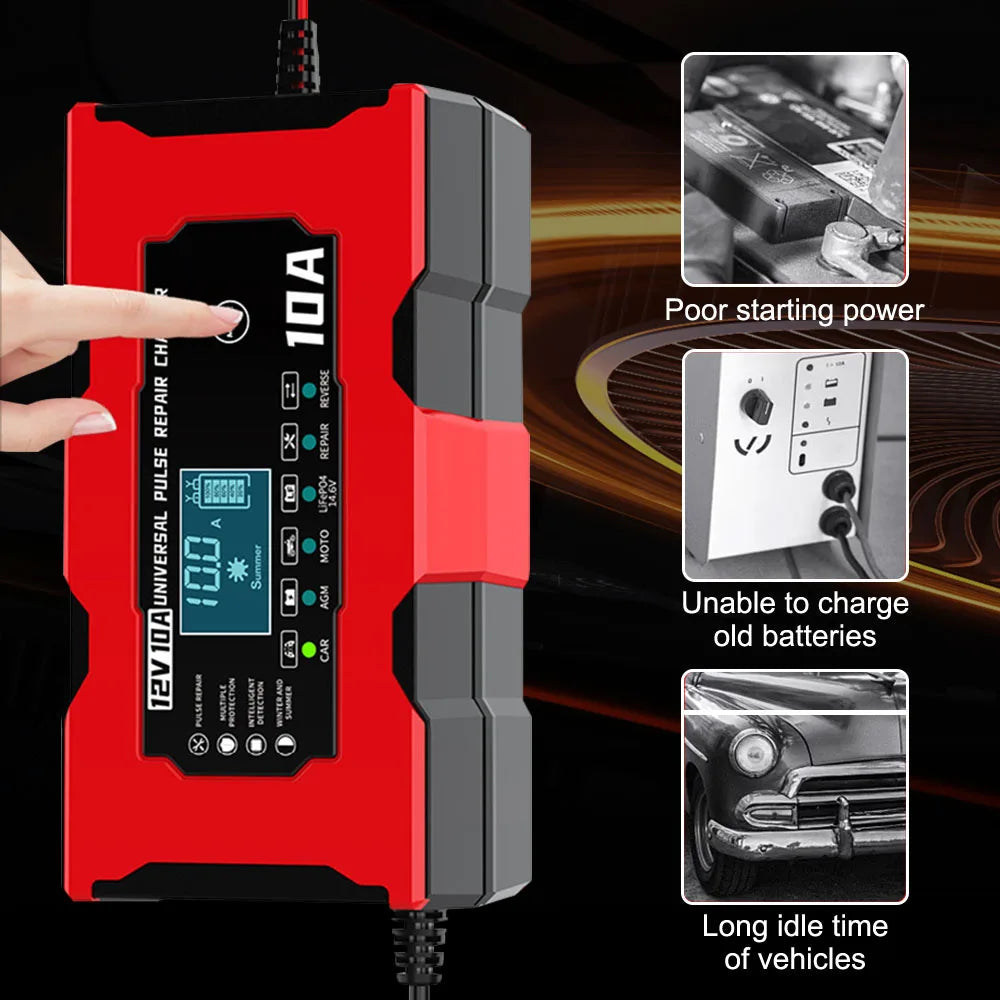 Automobile Battery Chargers 12V 10A Intelligent Pulse Repair Tool For Iron Lithium Lead Acid Batteries Storage Cell Car Chargers